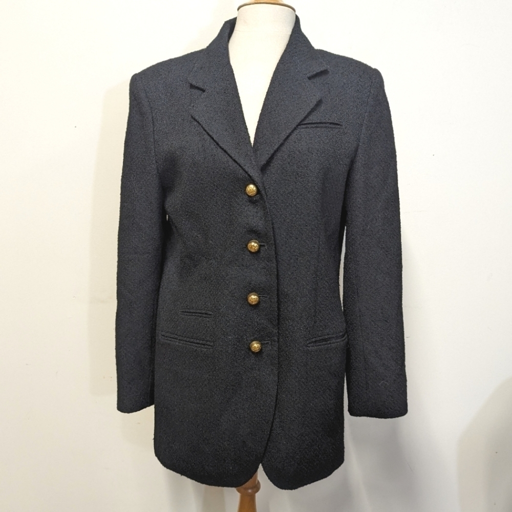 Vintage Black Boucle Blazer Long line Gold Buttons 8 Wool Lined
